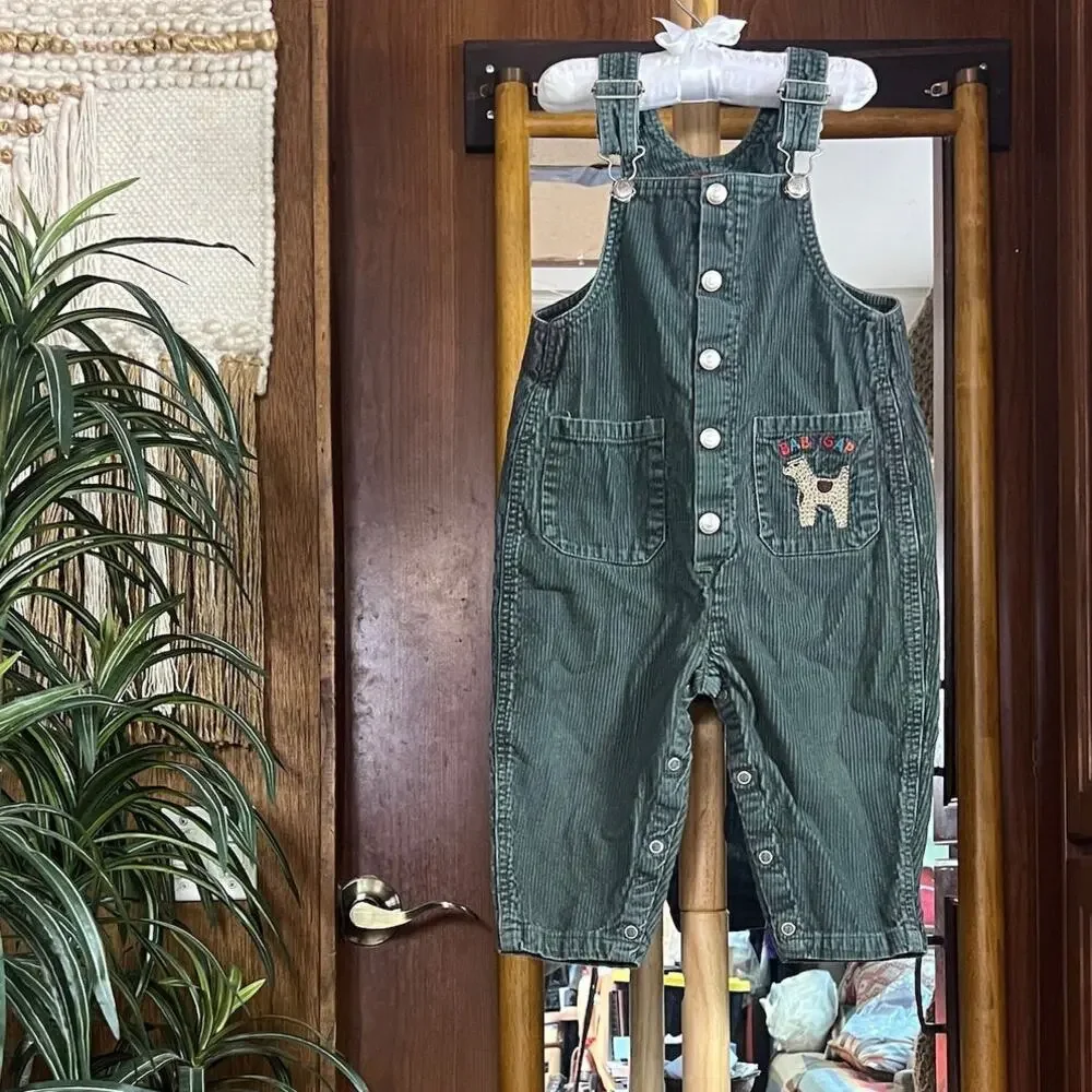Vintage Baby GAP Corduroy Overalls 18-24M Green Explorers Dog Embroidered Snap